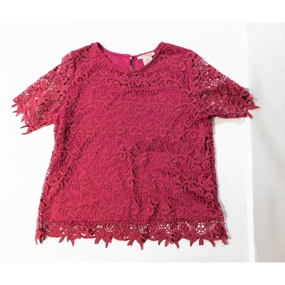 Philosophy Lace Overlay Top XL Cactus Flower Dark Pink Floral Short Sleeve Lined - Picture 3 of 8